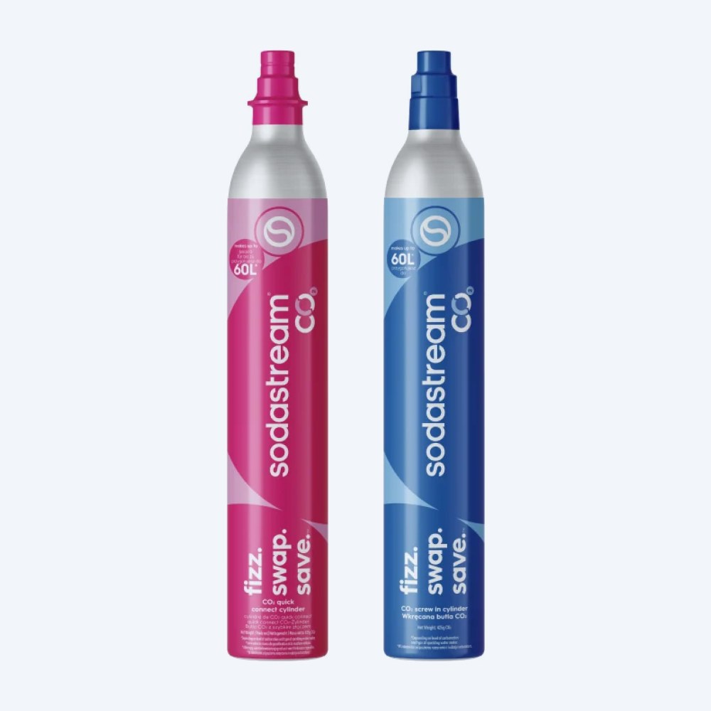 Cilindros de CO2 SodaStream rosa Quick Connect y celeste a rosca